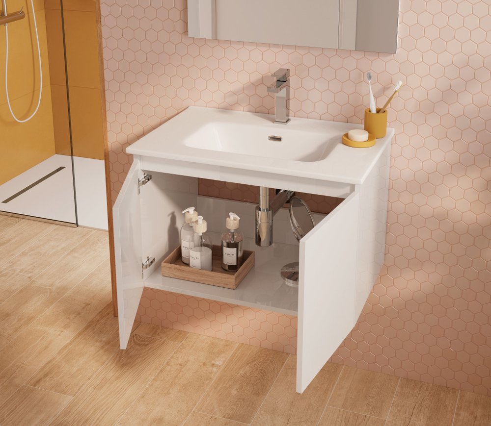 28" White Wood Freestanding Bathroom Vanity With White Sink And Two Drawers