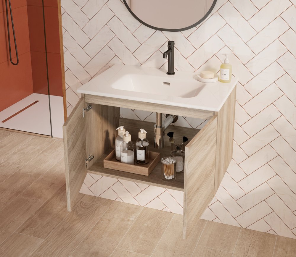 28" Natural Wood Freestanding Bathroom Vanity With White Sink And Two Drawers