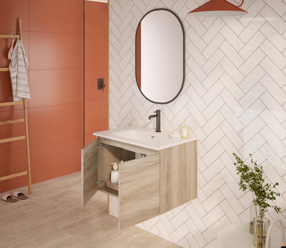 28" Natural Wood Freestanding Bathroom Vanity With White Sink And Two Drawers