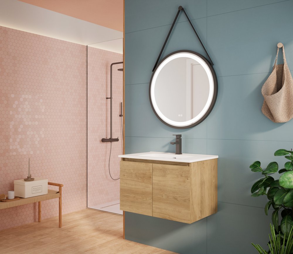 28" Oak Wood Freestanding Bathroom Vanity With White Sink And Two Drawers