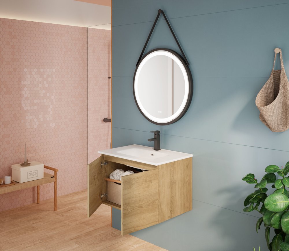 28" Oak Wood Freestanding Bathroom Vanity With White Sink And Two Drawers