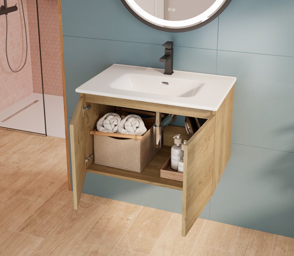 28" Oak Wood Freestanding Bathroom Vanity With White Sink And Two Drawers