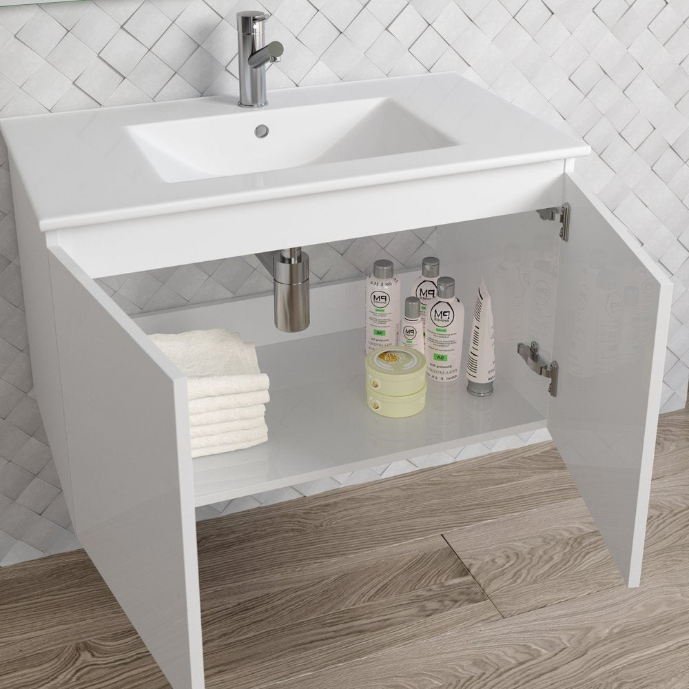 32" White Wood Freestanding Bathroom Vanity With White Sink And Two Drawers