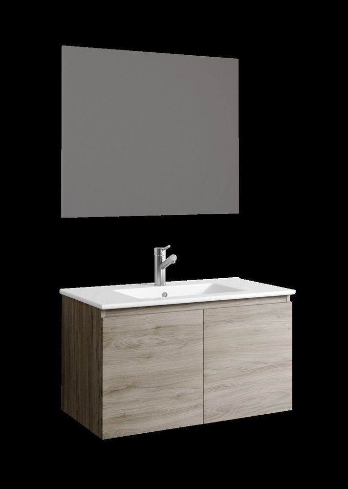 32" Natural Wood Freestanding Bathroom Vanity With White Sink And Two Drawers