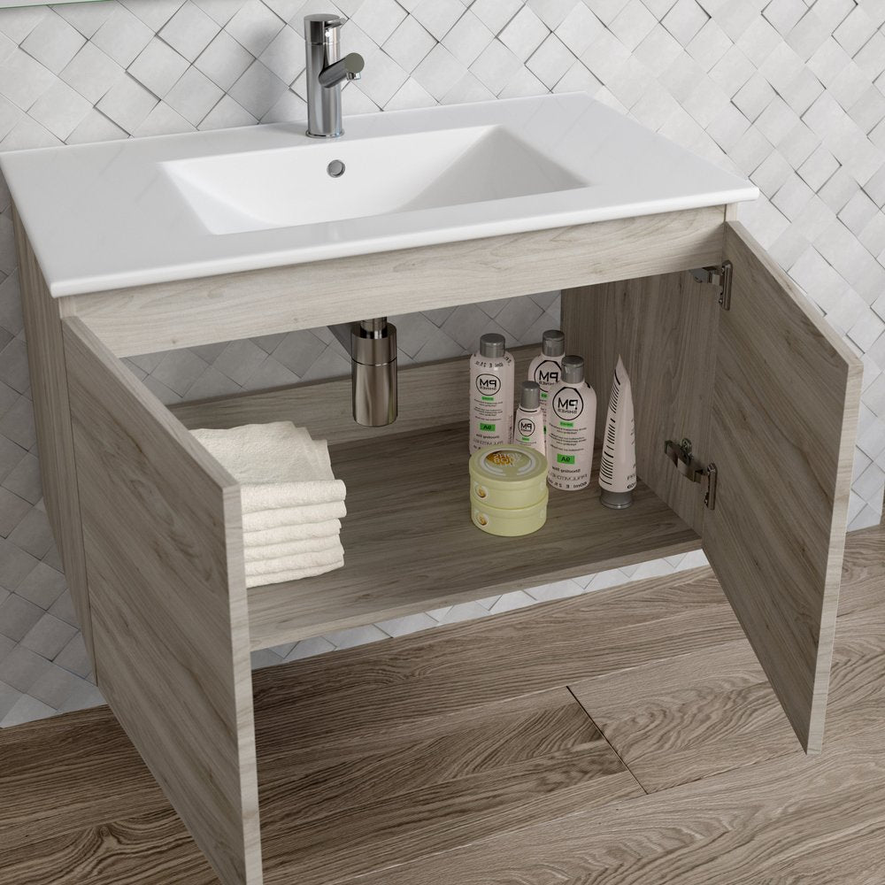 32" Natural Wood Freestanding Bathroom Vanity With White Sink And Two Drawers