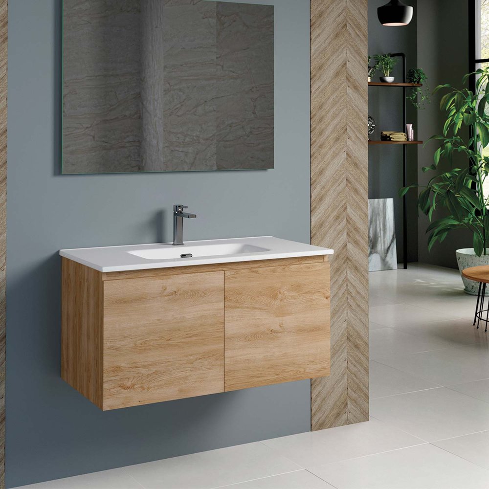 36" Oak Wood Freestanding Bathroom Vanity With White Sink And Two Drawers