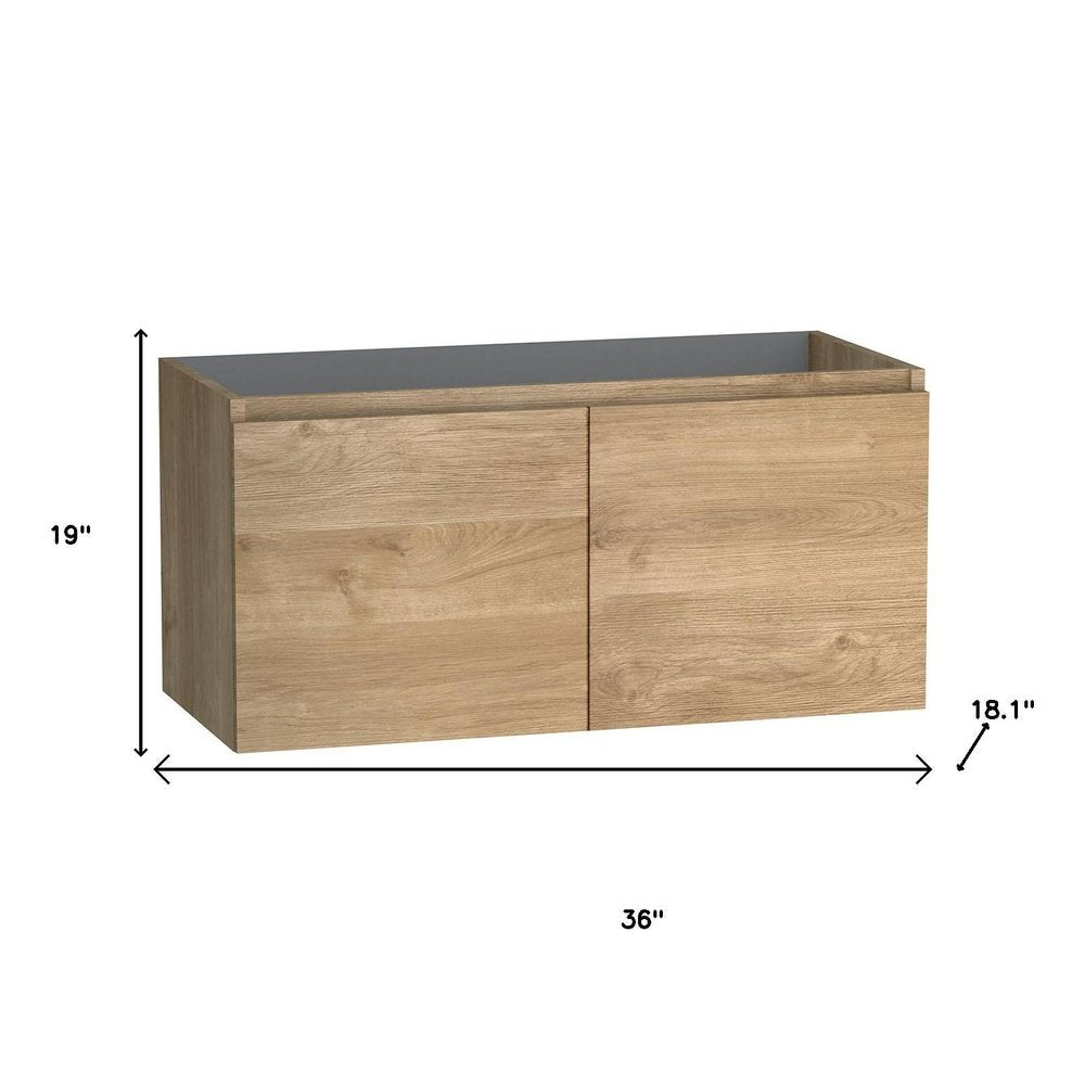 36" Oak Wood Freestanding Bathroom Vanity With White Sink And Two Drawers