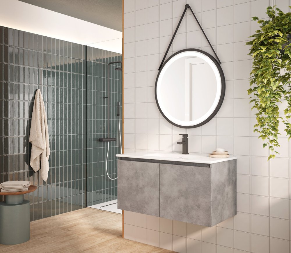 36" Gray Wood Freestanding Bathroom Vanity With White Sink And Two Drawers