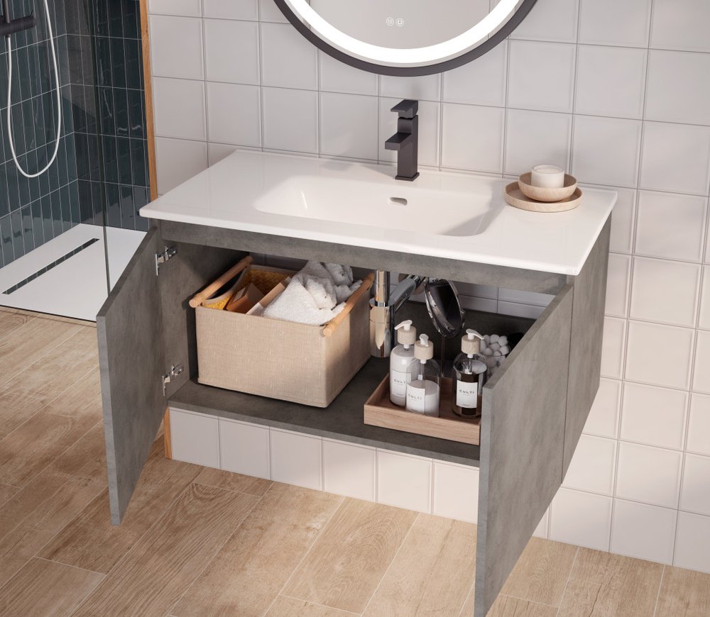 36" Gray Wood Freestanding Bathroom Vanity With White Sink And Two Drawers