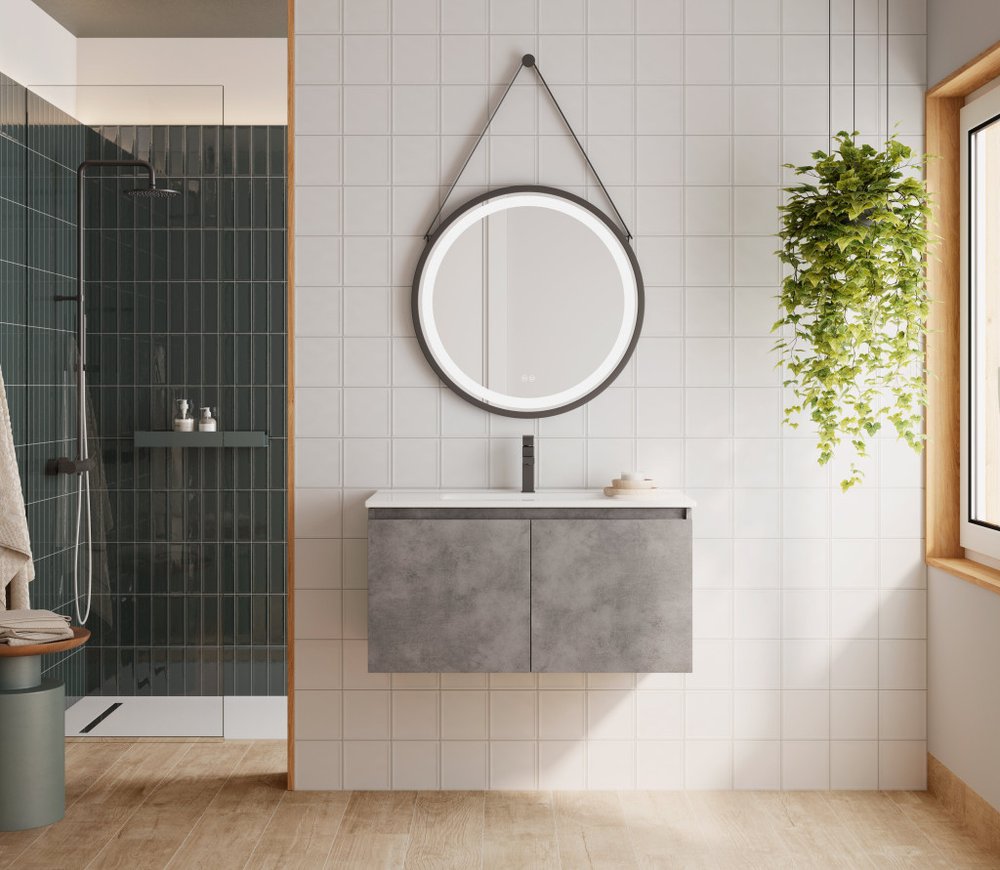 36" Gray Wood Freestanding Bathroom Vanity With White Sink And Two Drawers