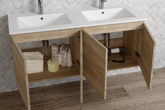 48" Oak Wood Freestanding Bathroom Vanity With White Sink And Two Drawers
