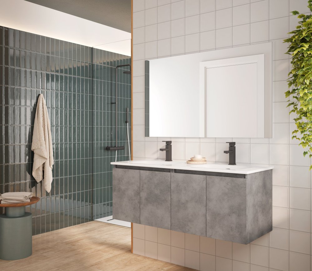 48" Gray Wood Freestanding Bathroom Vanity With White Sink And Two Drawers