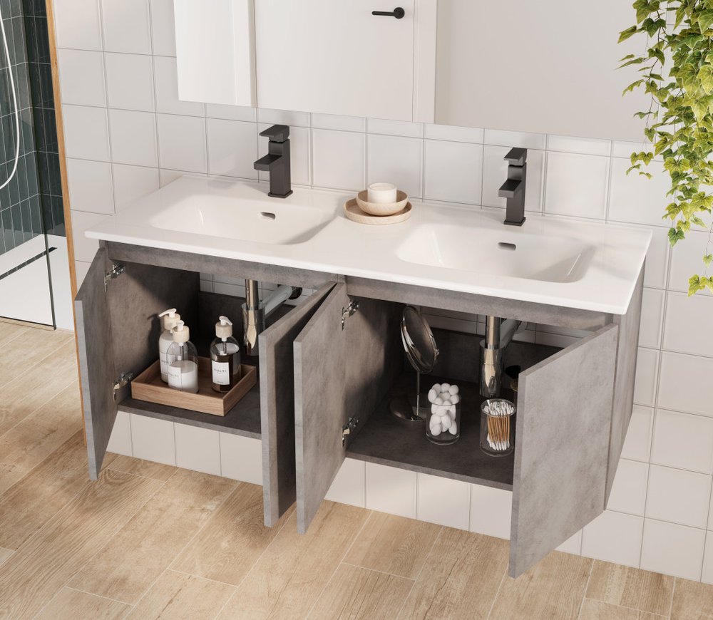 48" Gray Wood Freestanding Bathroom Vanity With White Sink And Two Drawers