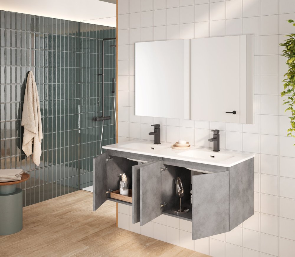 48" Gray Wood Freestanding Bathroom Vanity With White Sink And Two Drawers