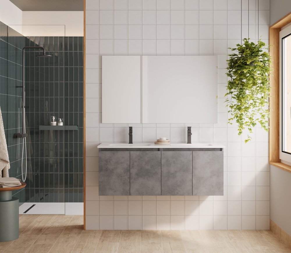 48" Gray Wood Freestanding Bathroom Vanity With White Sink And Two Drawers