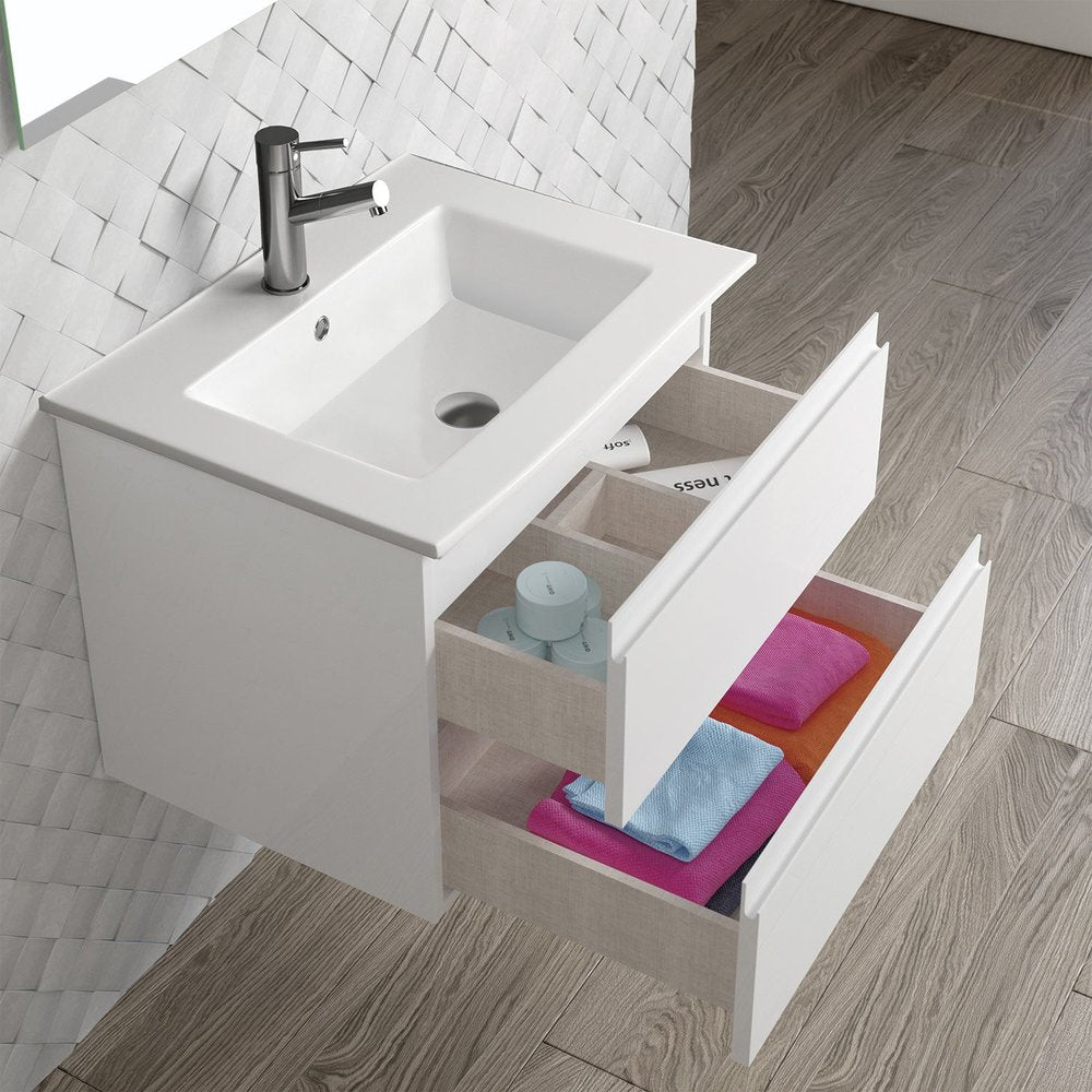 24" White Wood Freestanding Bathroom Vanity With White Sink And Two Drawers