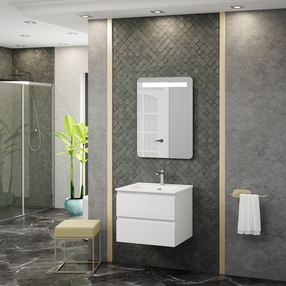 24" White Wood Freestanding Bathroom Vanity With White Sink And Two Drawers