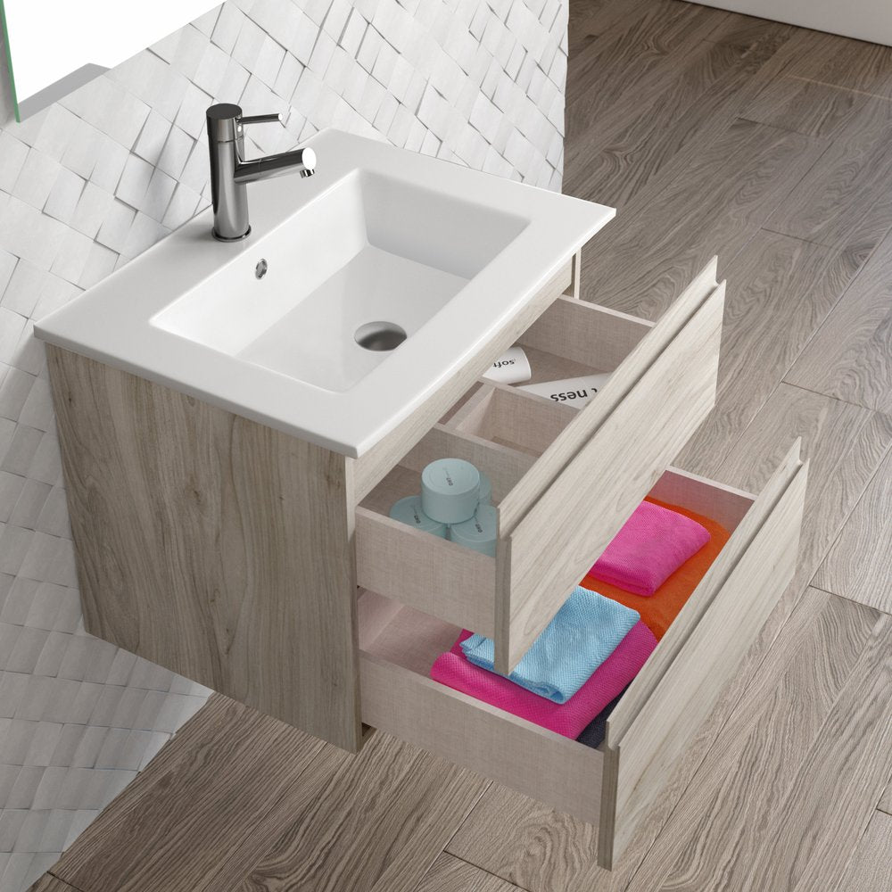 24" Natural Wood Freestanding Bathroom Vanity With White Sink And Two Drawers