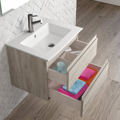 24" Natural Wood Freestanding Bathroom Vanity With White Sink And Two Drawers