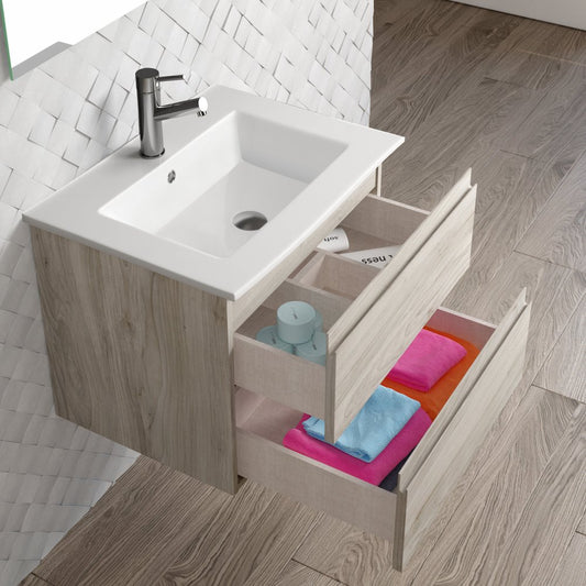 24" Natural Wood Freestanding Bathroom Vanity With White Sink And Two Drawers