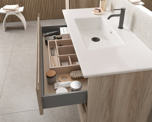 24" Natural Wood Freestanding Bathroom Vanity With White Sink And Two Drawers