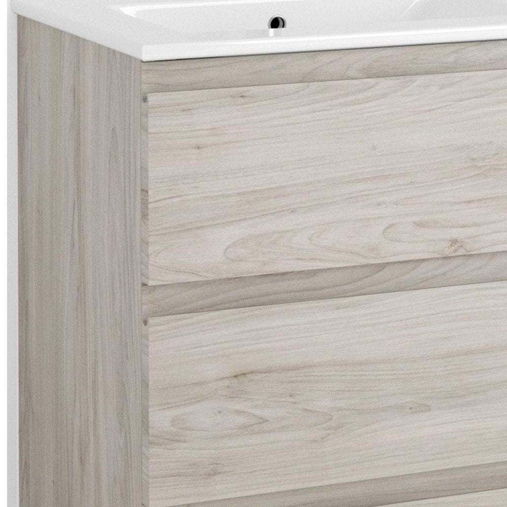 24" Natural Wood Freestanding Bathroom Vanity With White Sink And Two Drawers