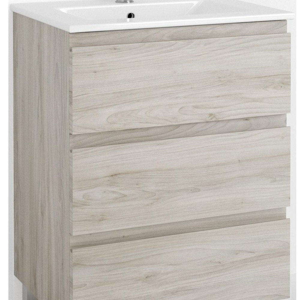 24" Natural Wood Freestanding Bathroom Vanity With White Sink And Two Drawers