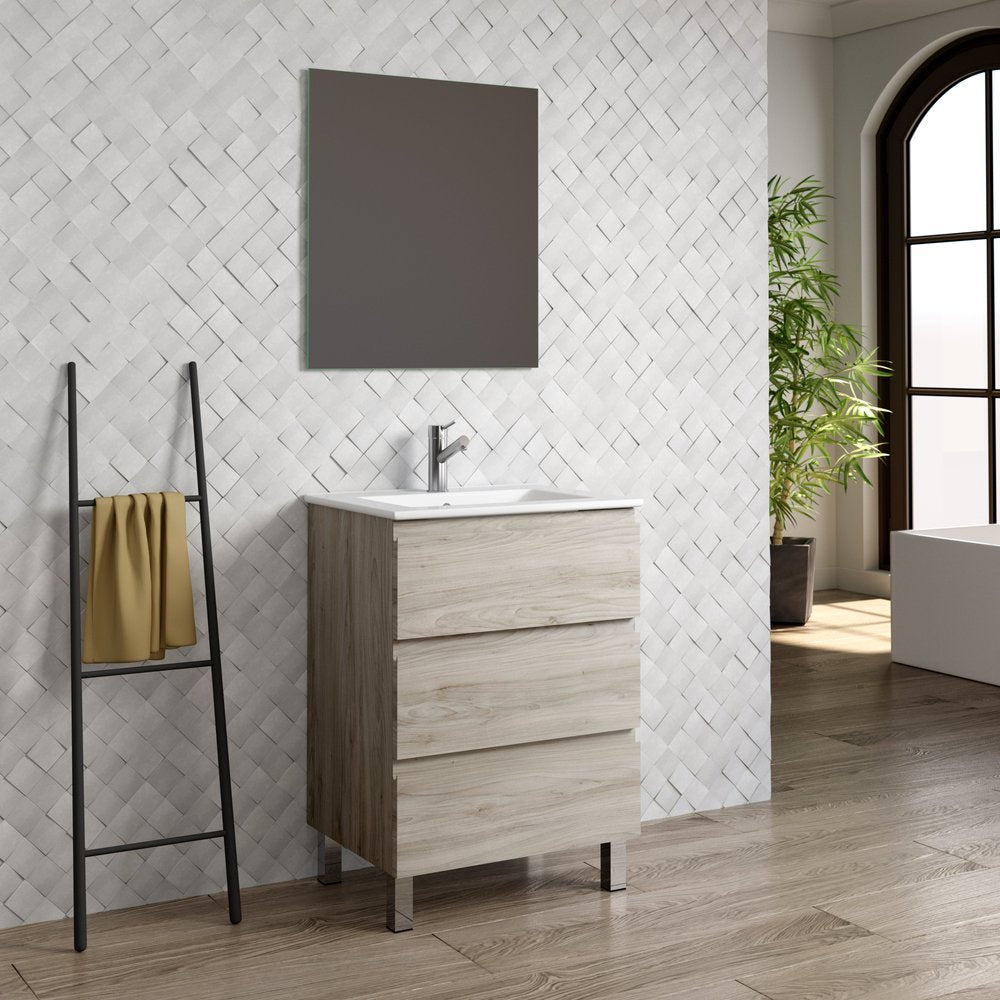 24" Natural Wood Freestanding Bathroom Vanity With White Sink And Two Drawers