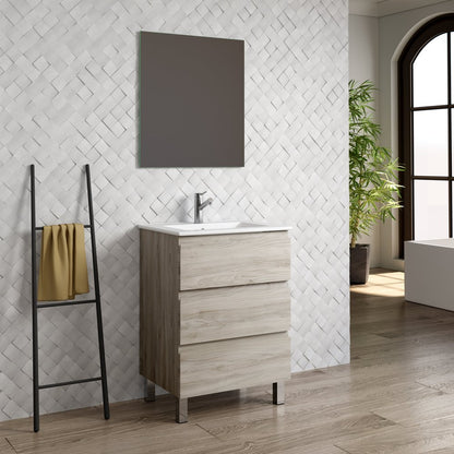 24" Natural Wood Freestanding Bathroom Vanity With White Sink And Two Drawers