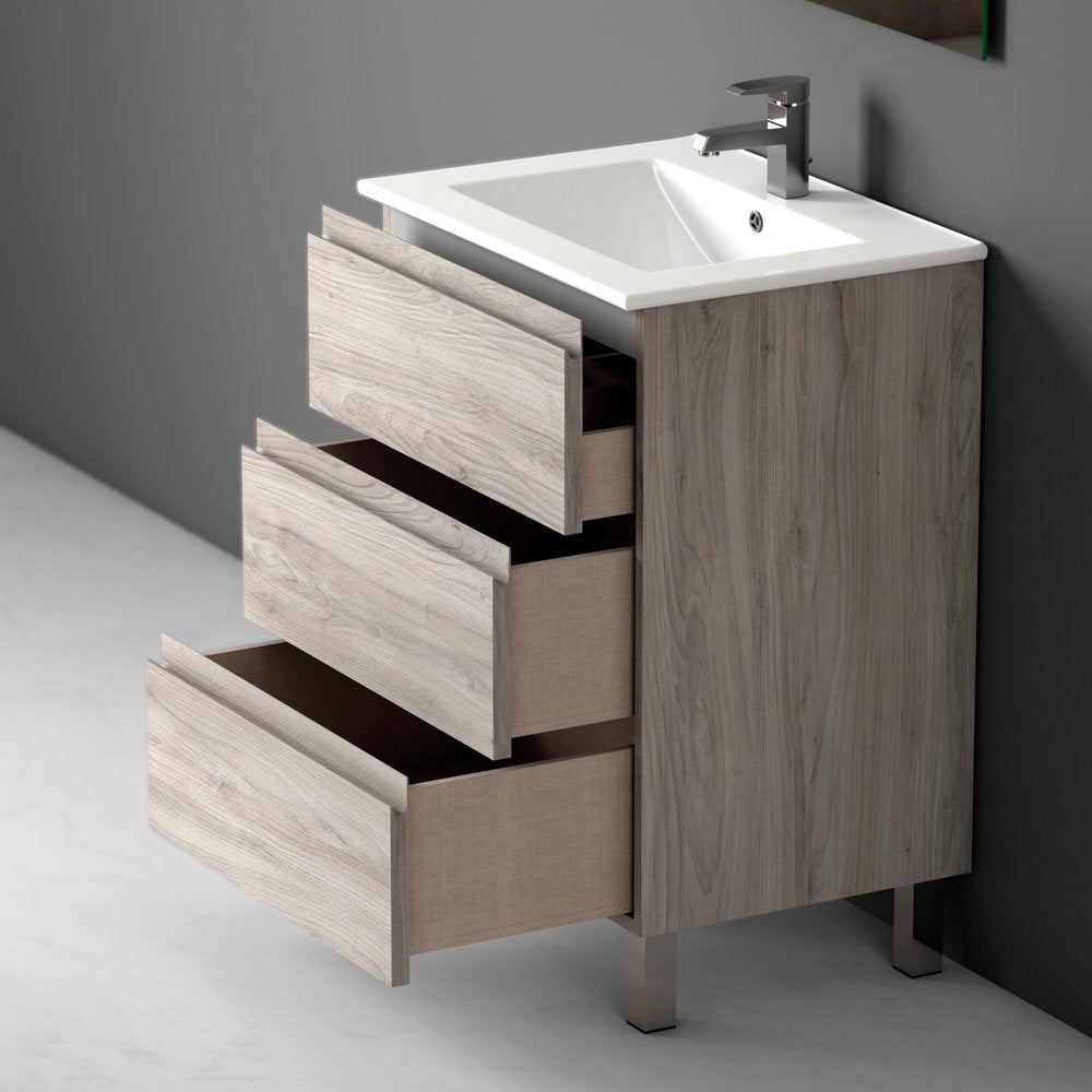 24" Natural Wood Freestanding Bathroom Vanity With White Sink And Two Drawers