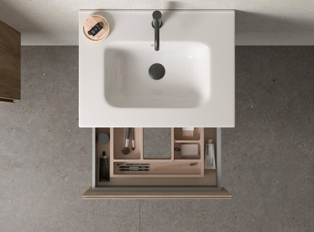 24" Natural Wood Freestanding Bathroom Vanity With White Sink And Two Drawers