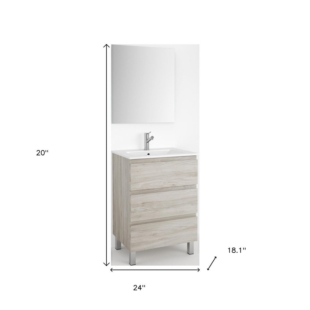 24" Natural Wood Freestanding Bathroom Vanity With White Sink And Two Drawers