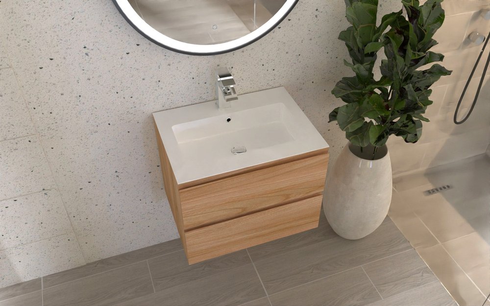 24" Oak Wood Freestanding Bathroom Vanity With White Sink And Two Drawers