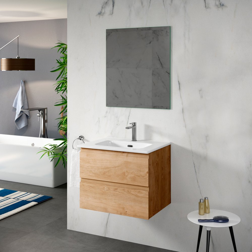 24" Oak Wood Freestanding Bathroom Vanity With White Sink And Two Drawers