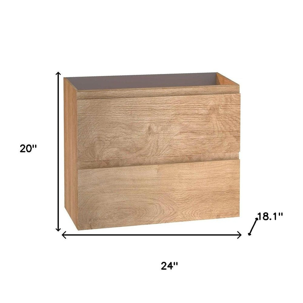 24" Oak Wood Freestanding Bathroom Vanity With White Sink And Two Drawers