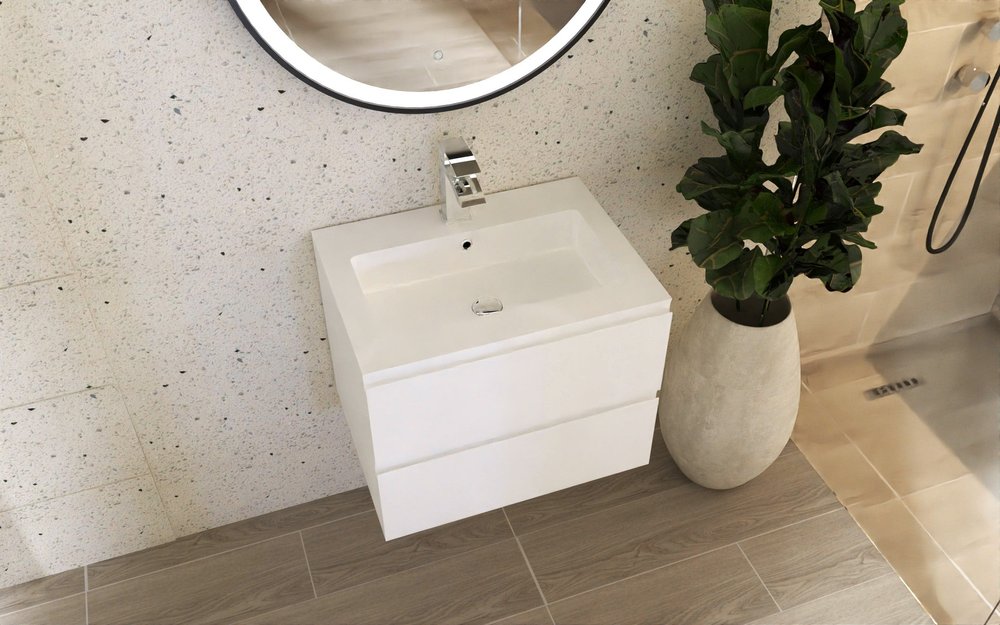 24" White Wood Freestanding Bathroom Vanity With White Sink And Two Drawers