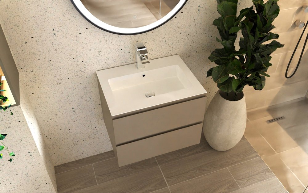 24" Light Brown Wood Freestanding Bathroom Vanity With White Sink And Two Drawers