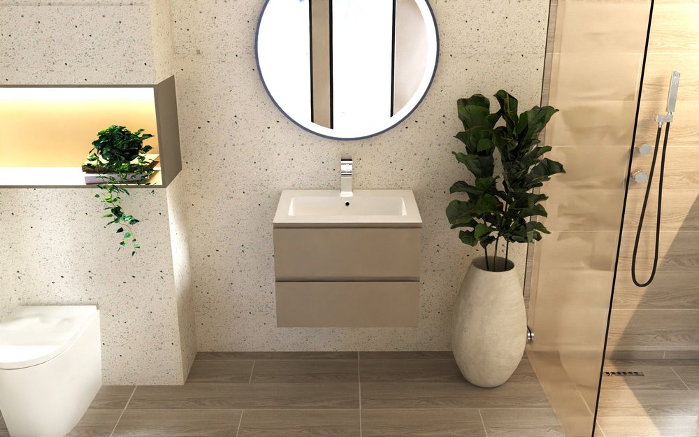 24" Light Brown Wood Freestanding Bathroom Vanity With White Sink And Two Drawers