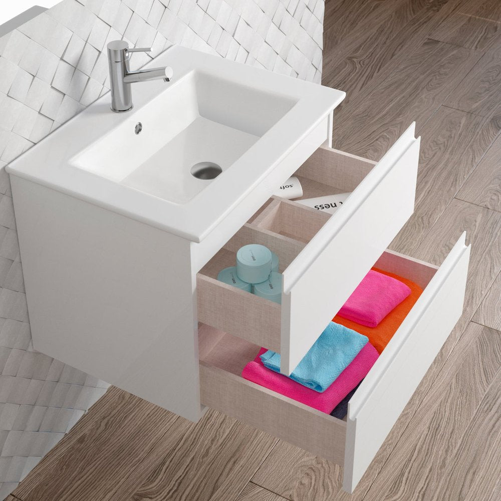 28" White Wood Freestanding Bathroom Vanity With White Sink And Two Drawers