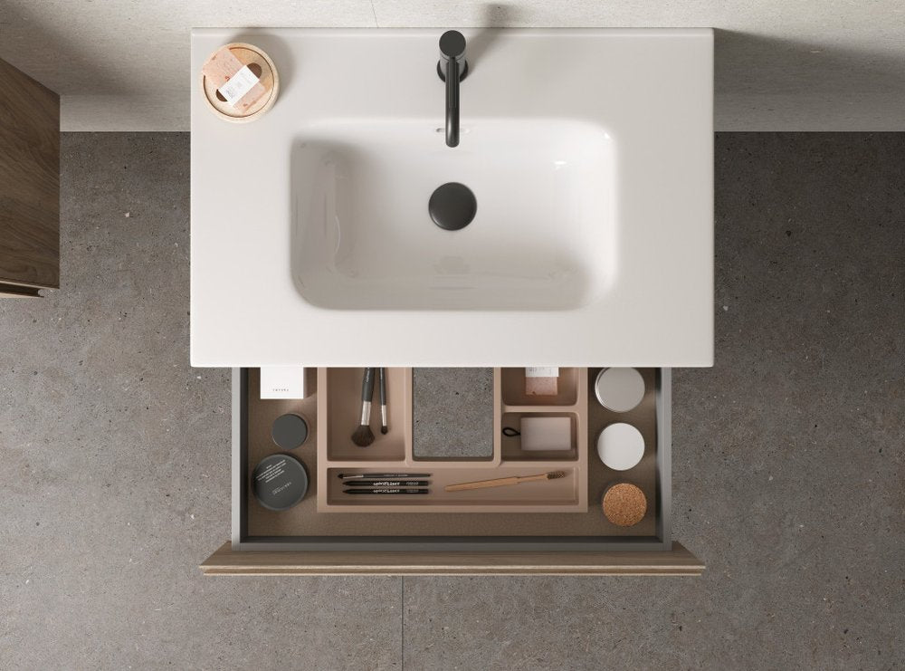 28" Natural Wood Freestanding Bathroom Vanity With White Sink And Two Drawers