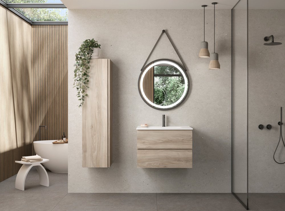 28" Natural Wood Freestanding Bathroom Vanity With White Sink And Two Drawers