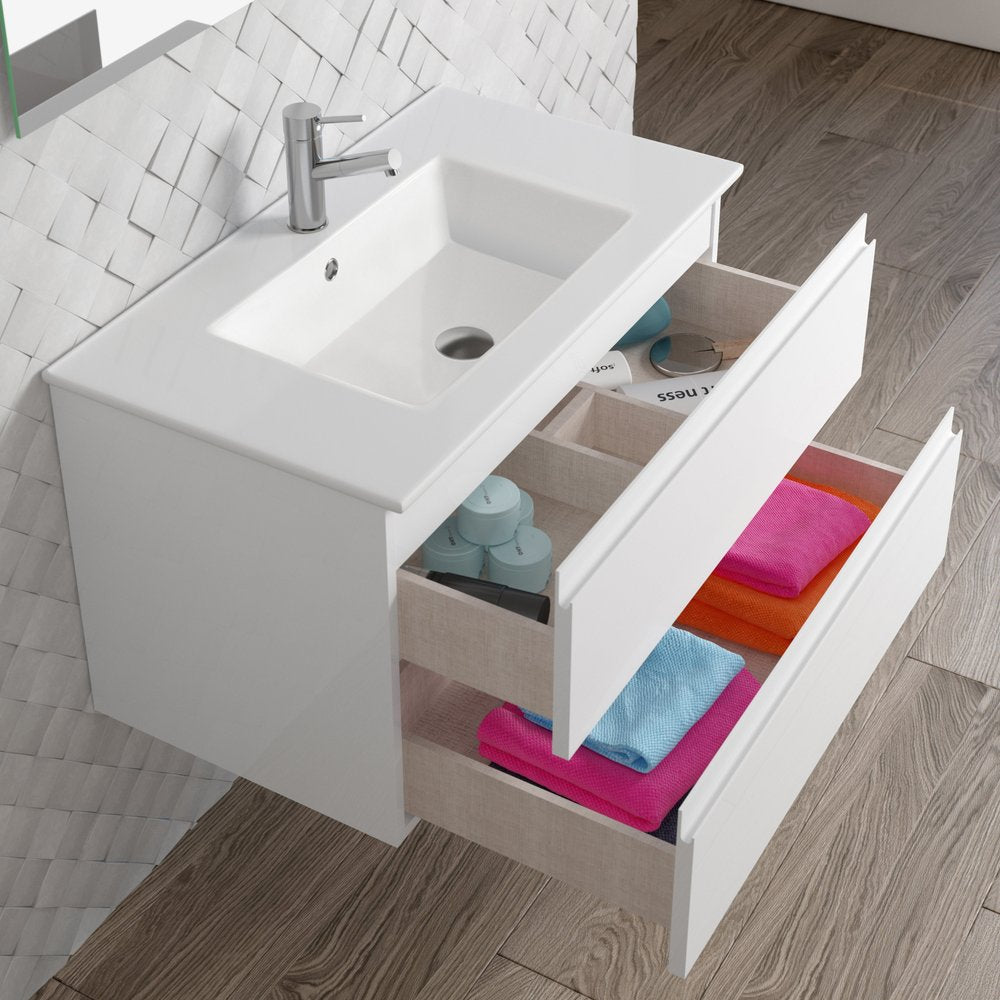 32" White Wood Freestanding Bathroom Vanity With White Sink And Two Drawers