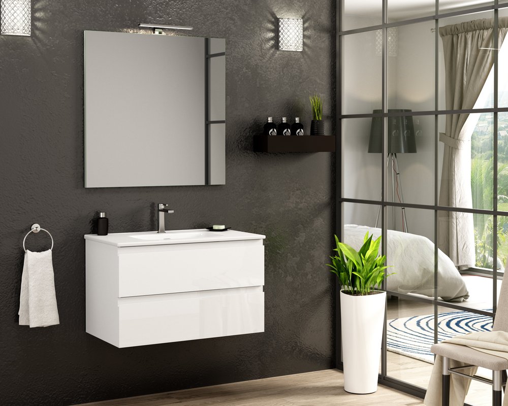 32" White Wood Freestanding Bathroom Vanity With White Sink And Two Drawers