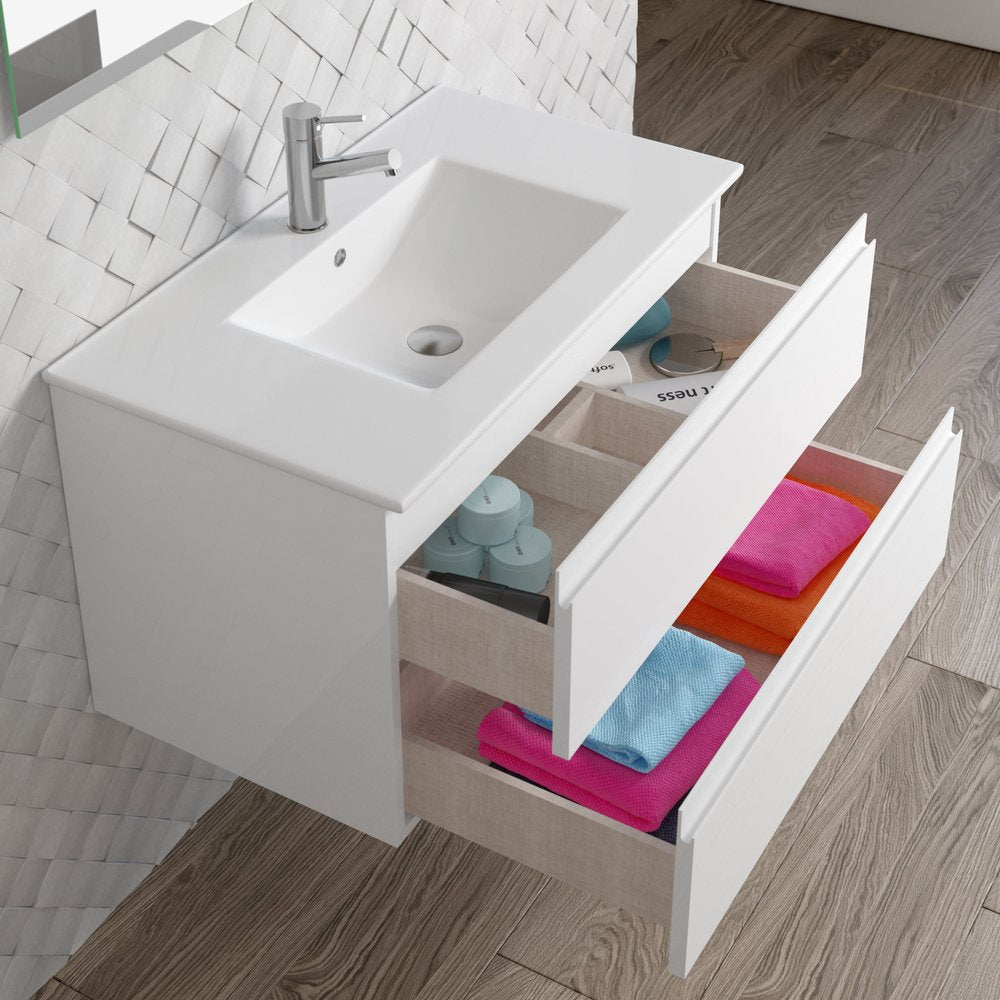 32" White Wood Freestanding Bathroom Vanity With White Sink And Two Drawers