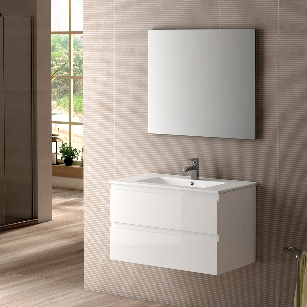 32" White Wood Freestanding Bathroom Vanity With White Sink And Two Drawers
