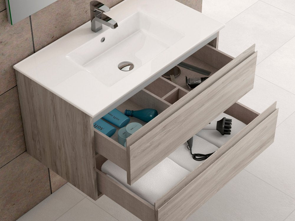 32" Natural Wood Freestanding Bathroom Vanity With White Sink And Two Drawers