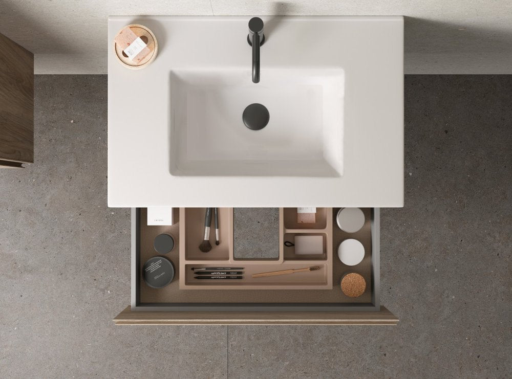 32" Natural Wood Freestanding Bathroom Vanity With White Sink And Two Drawers