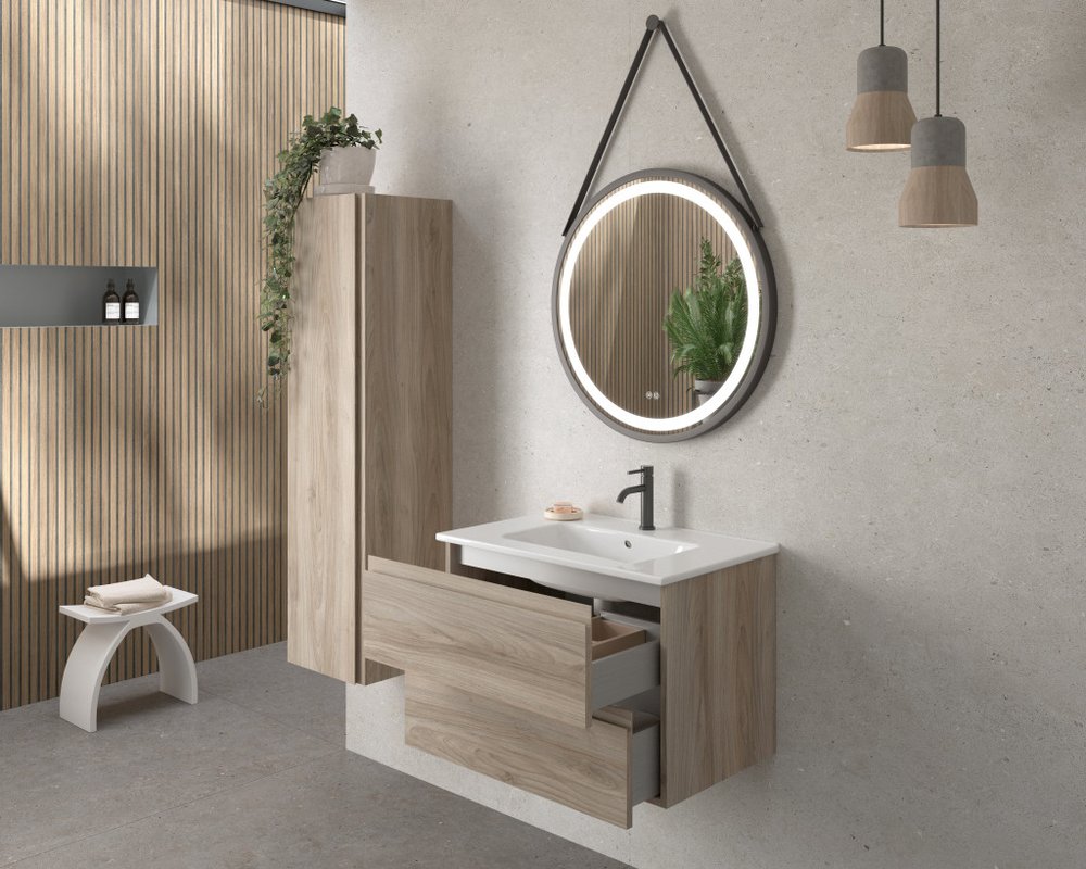 32" Natural Wood Freestanding Bathroom Vanity With White Sink And Two Drawers