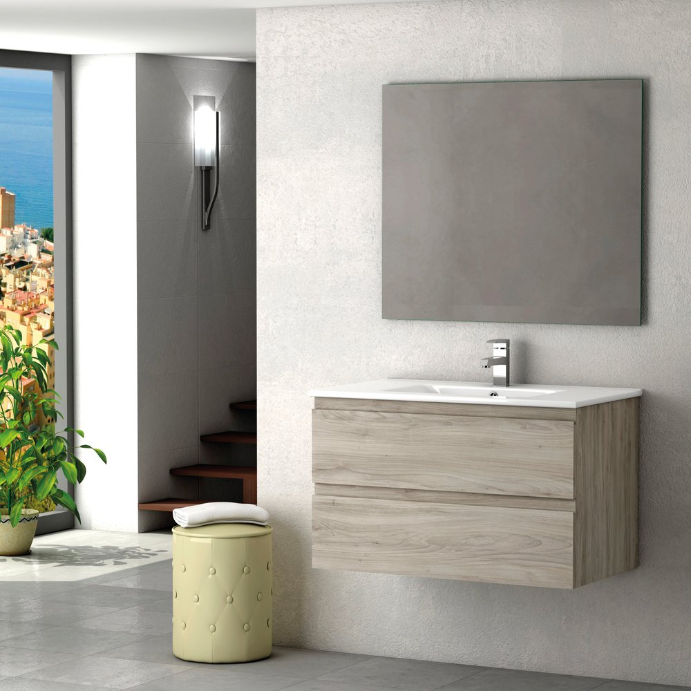 32" Natural Wood Freestanding Bathroom Vanity With White Sink And Two Drawers