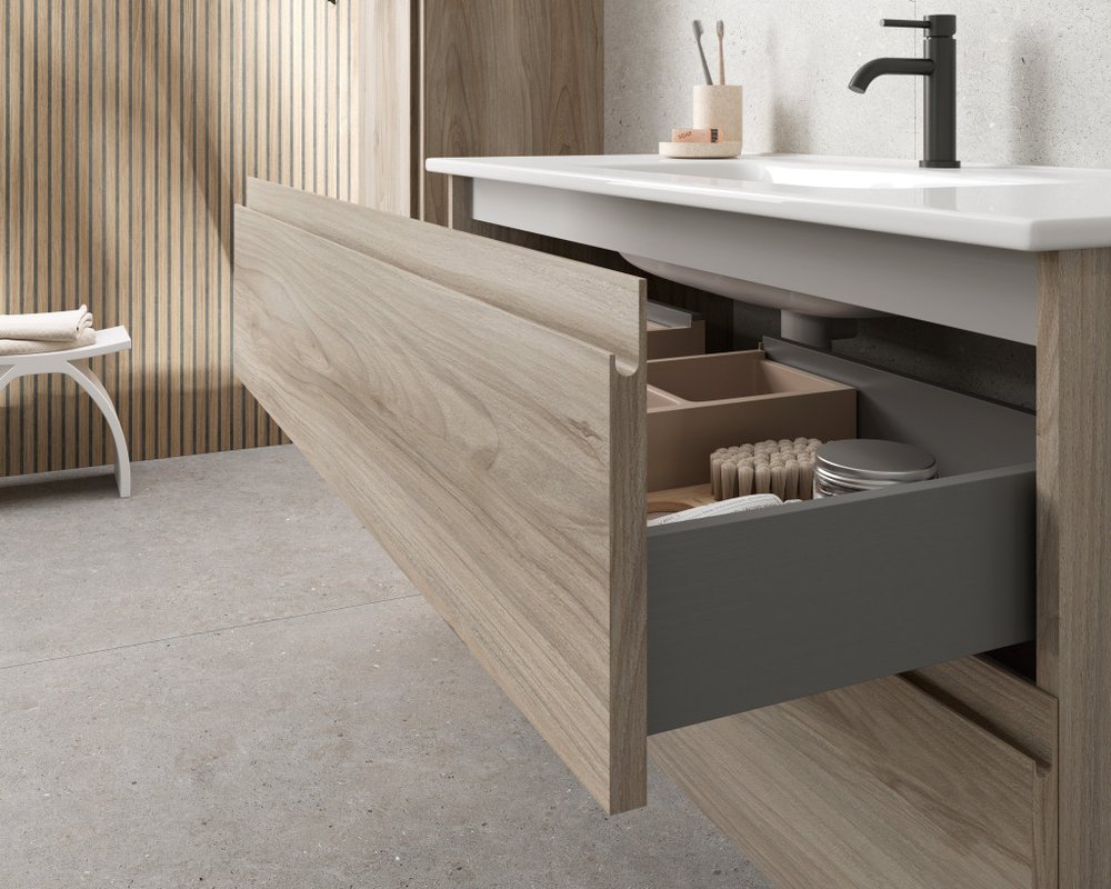 32" Natural Wood Freestanding Bathroom Vanity With White Sink And Two Drawers